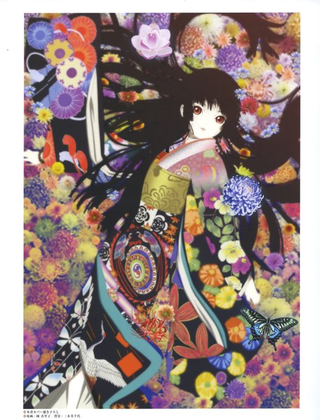 Anime picture 2550x3347 with hell girl studio deen enma ai single long hair tall image highres black hair red eyes traditional clothes japanese clothes light smile scan floral print girl flower (flowers) bracelet kimono insect butterfly