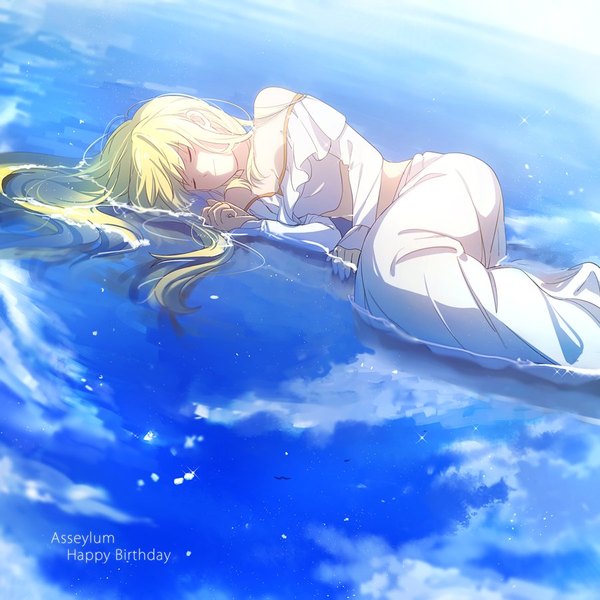 Anime picture 900x900 with aldnoah.zero a-1 pictures asseylum vers allusia aki (neyuki41028) single long hair fringe blonde hair bare shoulders sky cloud (clouds) bent knee (knees) lying eyes closed off shoulder bare belly sparkle character names partially submerged text