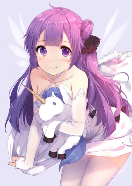 Anime picture 1000x1414 with azur lane unicorn (azur lane) caidychen single long hair tall image looking at viewer blush fringe sitting purple eyes bare shoulders holding purple hair blunt bangs arm support hair bun (hair buns) one side up halterneck girl