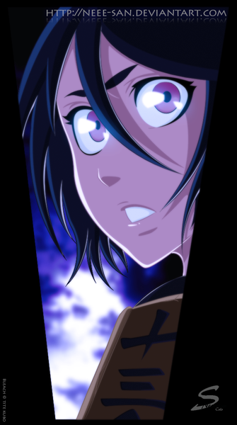 Anime picture 559x1000 with bleach studio pierrot kuchiki rukia neee-san single tall image short hair black hair sky cloud (clouds) pink eyes coloring light close-up girl