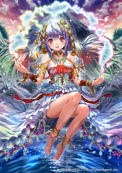 Anime picture 800x1131 with tenkuu no crystalia sakiyamama single long hair tall image looking at viewer blush fringe breasts open mouth light erotic smile hair between eyes red eyes twintails bare shoulders payot sky cleavage purple hair