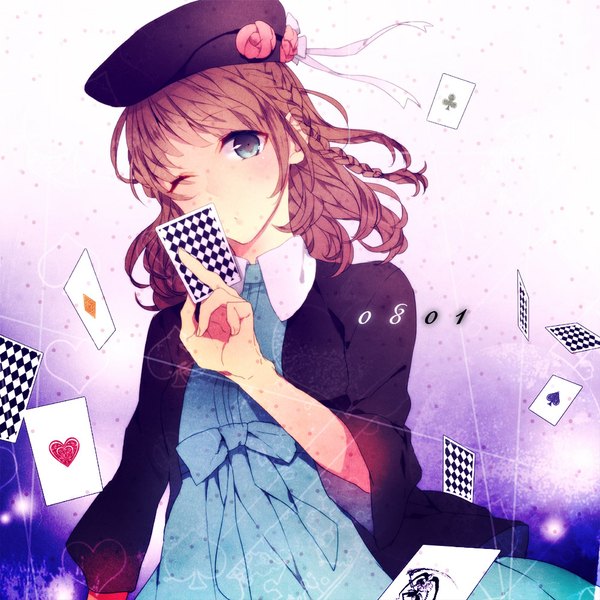 Anime picture 1000x1000 with amnesia idea factory heroine (amnesia) single looking at viewer fringe short hair holding pink hair one eye closed aqua eyes wink girl dress flower (flowers) bow hat card (cards)