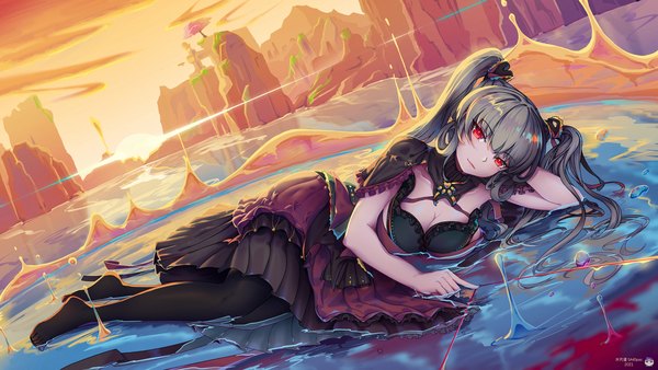 Anime picture 3200x1800 with original shui dai pu single long hair looking at viewer blush highres breasts red eyes wide image large breasts twintails signed cleavage full body lying grey hair dutch angle partially submerged on side