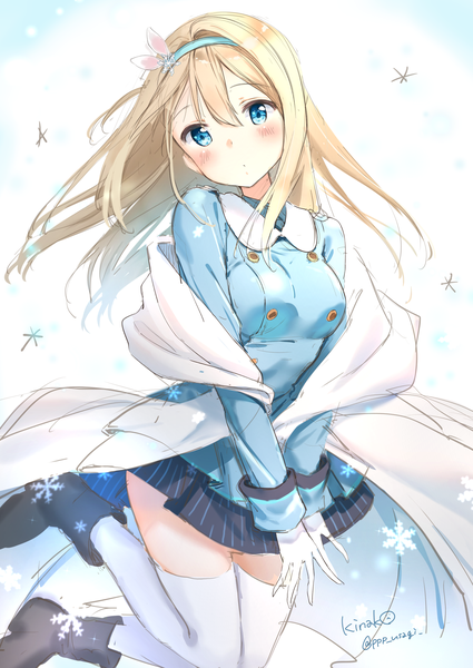 Anime picture 1254x1771 with girls frontline suomi kp31 (girls frontline) kinako (shiratama mochi) single long hair tall image looking at viewer blush fringe breasts blue eyes simple background blonde hair hair between eyes white background signed bent knee (knees) long sleeves head tilt pleated skirt