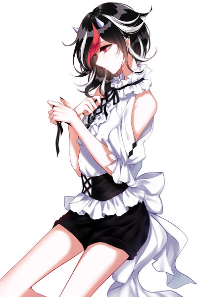 Anime picture 1200x1800 with touhou kijin seija sheya single tall image short hair black hair simple background red eyes white background bare shoulders nail polish head tilt profile multicolored hair horn (horns) fingernails light smile pointy ears puffy sleeves