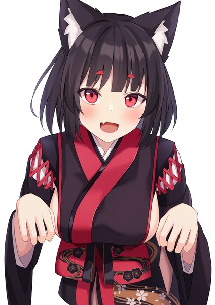 Anime-Bild 868x1228 mit azur lane yamashiro (azur lane) fuka kurotsuji single tall image looking at viewer blush short hair breasts open mouth light erotic black hair simple background red eyes white background animal ears traditional clothes :d japanese clothes from above