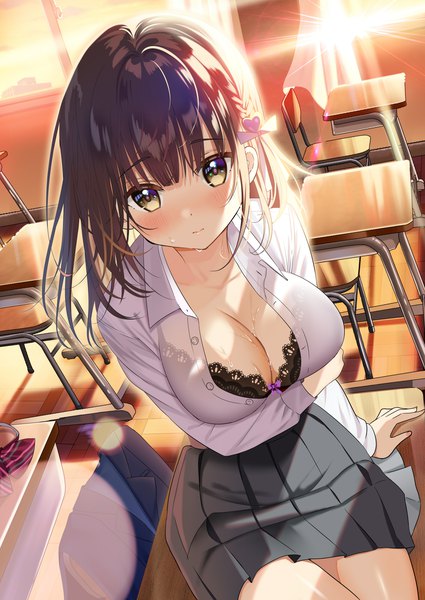 Anime picture 2507x3541 with original piyopoyo single long hair tall image looking at viewer blush fringe highres breasts light erotic brown hair large breasts sitting yellow eyes cleavage indoors blunt bangs braid (braids) long sleeves