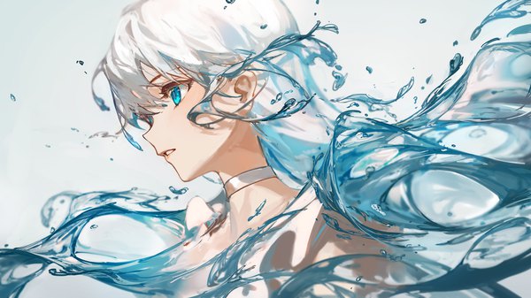 Anime picture 2000x1125 with original ciloranko single long hair fringe highres simple background hair between eyes wide image payot looking away silver hair upper body parted lips profile multicolored hair aqua eyes two-tone hair gradient background liquid hair