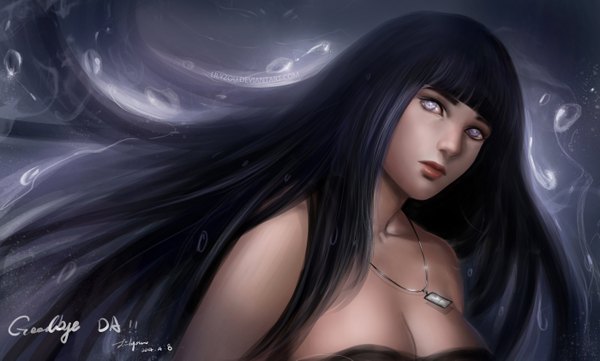 Anime picture 2800x1689 with naruto studio pierrot naruto (series) hyuuga hinata lilyzou single long hair highres black hair wide image bare shoulders pink eyes lips realistic grey background girl pendant