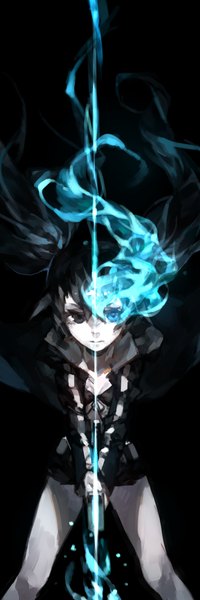 Anime picture 1500x4500 with black rock shooter black rock shooter (character) irust single long hair tall image looking at viewer blue eyes black hair simple background standing twintails black eyes glowing black background glowing eye (eyes) girl weapon shorts