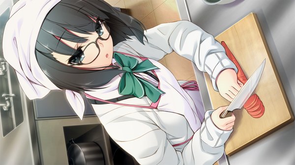 Anime picture 1280x720 with tsuisou no augment hinasaki you long hair blue eyes black hair wide image game cg cooking girl glasses bowtie apron