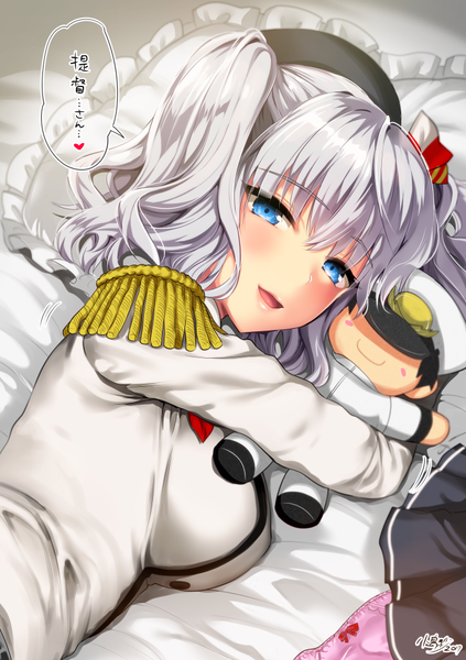 Anime-Bild 705x1000 mit kantai collection kashima training cruiser admiral (kantai collection) kojima saya single tall image looking at viewer blush fringe short hair breasts open mouth blue eyes smile twintails silver hair upper body lying text short twintails