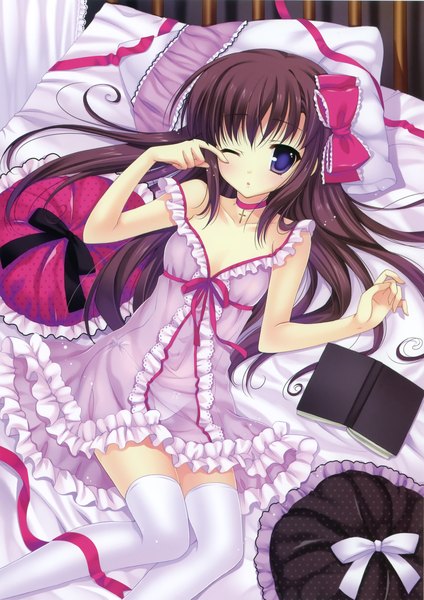 Anime picture 2231x3160 with mitha single long hair tall image highres blue eyes light erotic brown hair cleavage pantyshot girl thighhighs bow ribbon (ribbons) hair bow hair ribbon book (books) bed