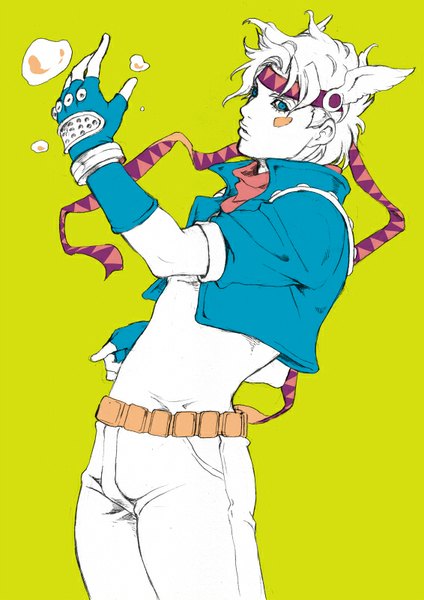 Anime picture 566x800 with jojo no kimyou na bouken caesar anthonio zeppeli chounorin single tall image looking at viewer short hair blue eyes simple background head wings green background partially colored boy gloves wings belt hairband fingerless gloves bubble (bubbles)