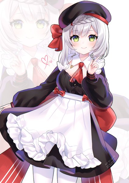 Anime picture 849x1200 with genshin impact noelle (genshin impact) noelle (kfc) (genshin impact) nami (nyaa) single tall image looking at viewer blush short hair smile green eyes silver hair official alternate costume zoom layer girl apron beret ascot