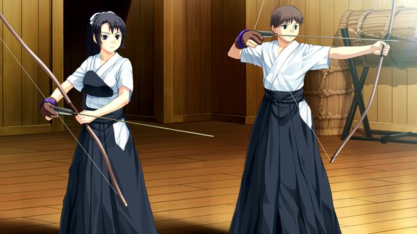 Anime picture 1024x576 with suigetsu 2 long hair short hair black hair wide image purple eyes game cg ponytail girl boy bow (weapon)