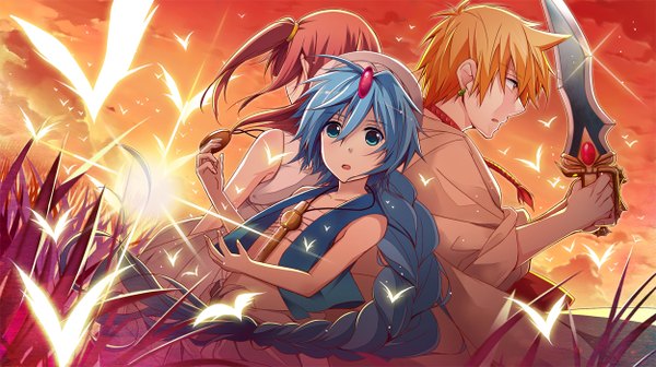 Anime picture 1250x700 with magi the labyrinth of magic a-1 pictures morgiana aladdin (magi) ali baba saluja tagme (artist) long hair looking at viewer short hair open mouth blonde hair wide image blue hair pink hair sky cloud (clouds) red hair braid (braids) profile aqua eyes
