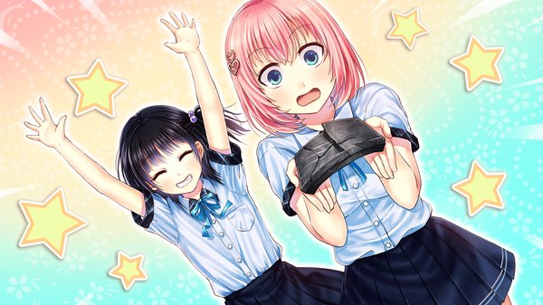 Anime picture 1280x720 with ayame no machi to ohimesama kazuharu kina long hair blush short hair open mouth blue eyes smile wide image multiple girls game cg eyes closed arms up teeth girl skirt uniform hair ornament 2 girls school uniform
