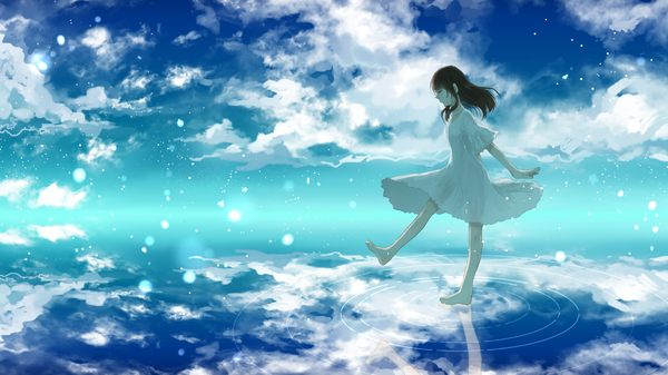 Anime picture 1280x720 with vocaloid danjou sora single long hair black hair smile wide image standing sky cloud (clouds) full body eyes closed profile barefoot bare legs standing on one leg reflection spread arms ripples girl