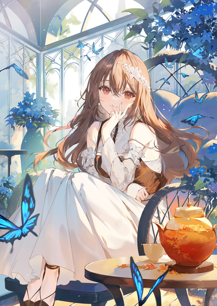 Anime-Bild 1200x1694 mit original necomi (gussan) single long hair tall image looking at viewer fringe hair between eyes red eyes brown hair sitting bare shoulders light smile hand to mouth girl dress flower (flowers) detached sleeves white dress insect