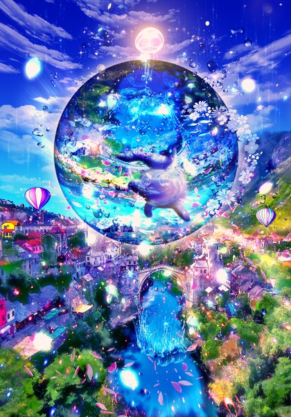 Anime picture 1051x1500 with original little pine tall image sky cloud (clouds) sunlight city cityscape no people scenic river street surreal flower (flowers) plant (plants) animal petals tree (trees) water water drop