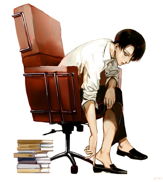 Anime picture 1000x1117 with shingeki no kyojin production i.g levi (rivaille) par single tall image looking at viewer short hair black hair simple background white background sitting green eyes open collar twisty sleeves boy shirt white shirt book (books) chair