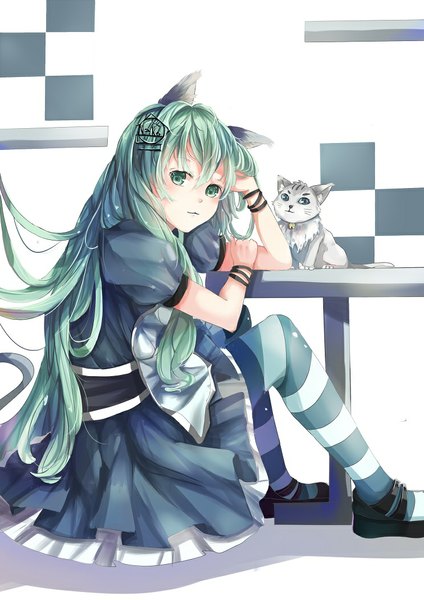 Anime picture 744x1053 with original teeth (artist) single long hair tall image looking at viewer blush sitting green eyes animal ears tail animal tail green hair cat ears cat tail girl thighhighs hair ornament animal hairclip