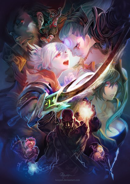 Anime picture 1000x1414 with league of legends sona buvelle riven (league of legends) ashe (league of legends) vi (league of legends) diana (league of legends) lee sin (league of legends) twisted fate (league of legends) ryze (league of legends) b.c.n.y. (bcnyart) long hair tall image looking at viewer short hair breasts open mouth blue eyes light erotic black hair smile