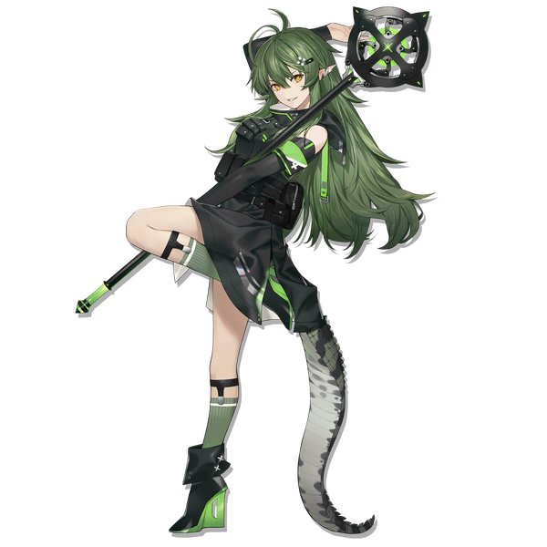 Anime picture 1024x1024 with arknights gavial (arknights) liuli (llc) single long hair looking at viewer fringe hair between eyes standing yellow eyes full body ahoge tail animal tail green hair pointy ears official art standing on one leg transparent background crocodilian tail