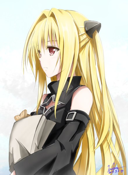 Anime picture 1000x1364 with toloveru toloveru darkness xebec konjiki no yami kem kem single long hair tall image blonde hair simple background red eyes white background signed girl dress hair ornament detached sleeves