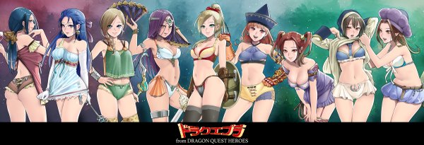 Anime picture 2400x822 with dragon quest dragon quest v dragon quest iv dragon quest viii bianca (dq5) manya (dq4) alena (dragon quest) jessica albert flora (dragon quest) ruida (dragon quest) julietta (dragon quest) meer (dragon quest) pao (otomogohan) long hair looking at viewer fringe highres short hair breasts open mouth