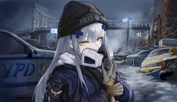 Anime picture 4854x2811 with girls frontline tom clancy's the division hk416 (girls frontline) sawkm single long hair looking at viewer fringe highres wide image green eyes absurdres silver hair upper body facial mark snow police policewoman girl gloves