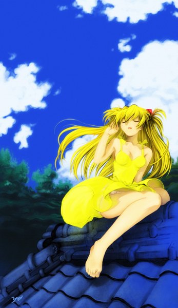 Anime picture 1447x2500 with neon genesis evangelion rebuild of evangelion evangelion: 2.0 you can (not) advance end of evangelion gainax soryu asuka langley shikinami asuka langley kobayashi yuji single long hair tall image fringe breasts open mouth light erotic blonde hair sitting bare shoulders signed sky