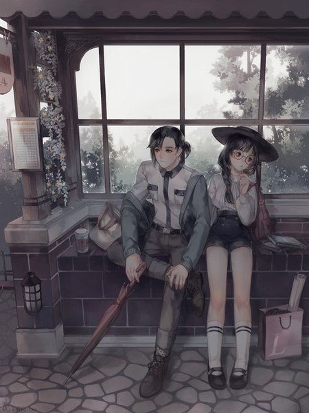 Anime picture 700x934 with original lucia (biblyoteka) long hair tall image short hair black hair sitting looking away full body ponytail braid (braids) black eyes closed umbrella brother and sister girl boy plant (plants) hat socks glasses