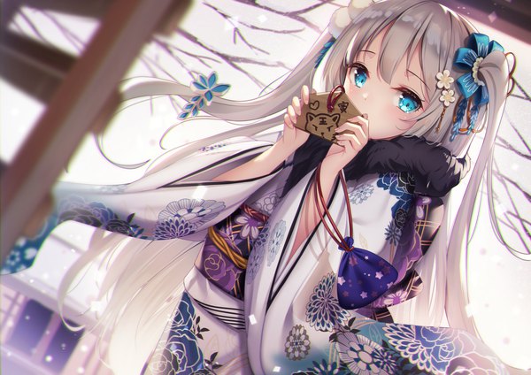 Anime picture 1754x1240 with original yan (nicknikg) single long hair looking at viewer highres blue eyes silver hair outdoors traditional clothes japanese clothes two side up dutch angle floral print covered mouth new year girl kimono obi fur-trimmed kimono