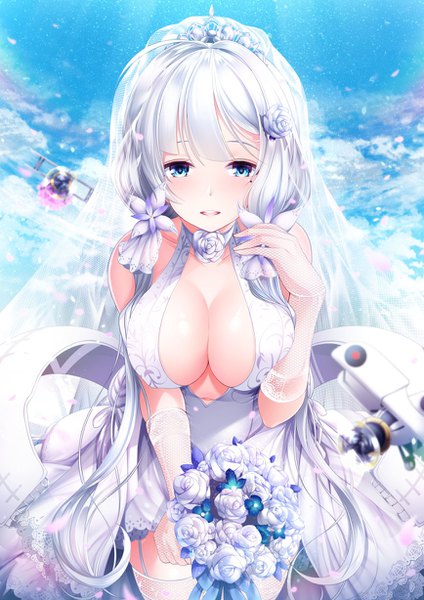 Anime picture 868x1228 with azur lane illustrious (azur lane) illustrious (morning star of love and hope) (azur lane) garana single long hair tall image looking at viewer blush fringe breasts open mouth blue eyes light erotic hair between eyes large breasts standing twintails bare shoulders holding
