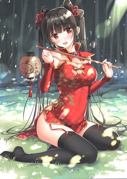 Anime picture 2114x2968 with original sousouman single long hair tall image looking at viewer blush fringe highres breasts open mouth light erotic black hair red eyes large breasts sitting twintails bare shoulders holding payot