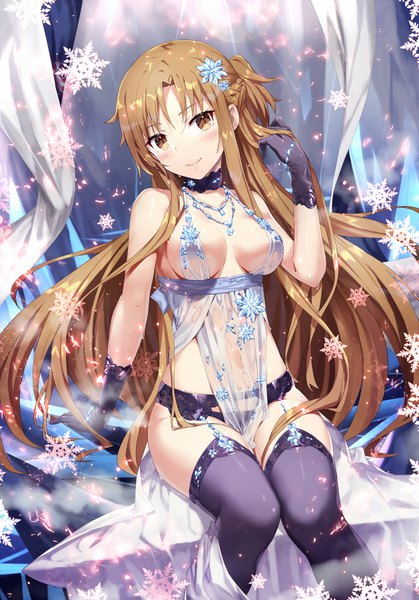 Anime picture 629x900 with fate (series) fate/grand order sword art online a-1 pictures artoria pendragon (all) yuuki asuna artoria pendragon (lancer alter) gabiran single long hair tall image looking at viewer blush fringe breasts light erotic smile hair between eyes brown hair large breasts