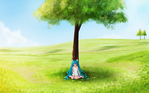 Anime picture 2000x1250 with vocaloid hatsune miku single long hair blush highres open mouth wide image sitting twintails bare shoulders blue hair sky eyes closed barefoot sunlight shadow sleeping landscape field