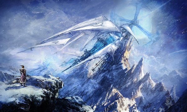 Anime picture 1600x960 with tera online wide image horn (horns) wind from behind wallpaper snowing winter snow mountain landscape rock cloak watercraft ship