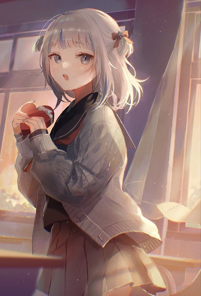 Anime picture 2793x4096 with virtual youtuber hololive hololive english gawr gura oyuyu single tall image looking at viewer fringe highres short hair open mouth blue eyes standing holding silver hair indoors blunt bangs long sleeves nail polish