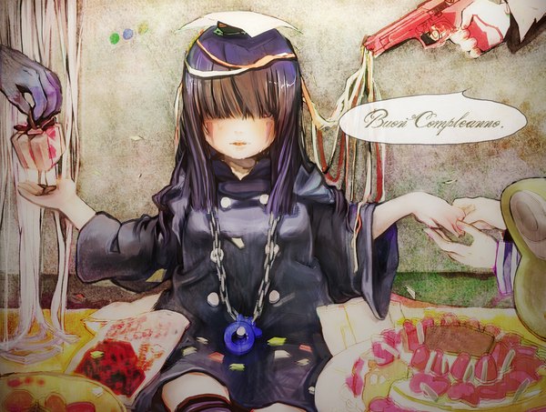 Anime picture 2251x1700 with katekyou hitman reborn mammon (khr) chida (artist) highres purple hair facial mark face paint hair over eyes arcobaleno girl weapon sweets gun gift cake paper pacifier