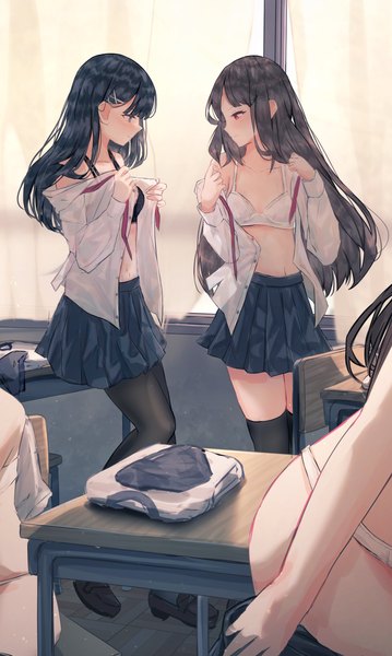 Anime picture 2448x4096 with original benevole long hair tall image blush fringe highres blue eyes light erotic black hair red eyes standing sitting multiple girls looking away indoors blunt bangs long sleeves profile pleated skirt