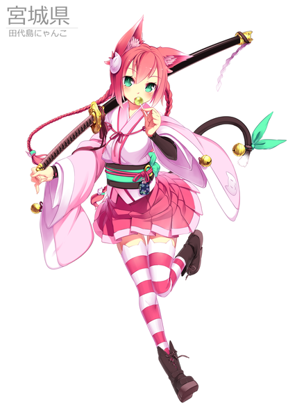 Anime picture 1071x1500 with original blvefo9 single long hair tall image blush simple background white background green eyes animal ears pink hair tail braid (braids) traditional clothes japanese clothes animal tail cat ears cat girl cat tail girl