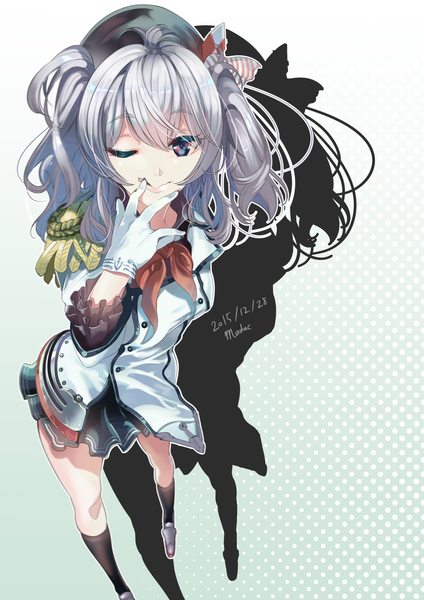 Anime picture 1157x1637 with kantai collection kashima training cruiser c-kama single long hair tall image fringe blue eyes smile twintails signed silver hair one eye closed from above wink shadow finger to mouth dated polka dot green background