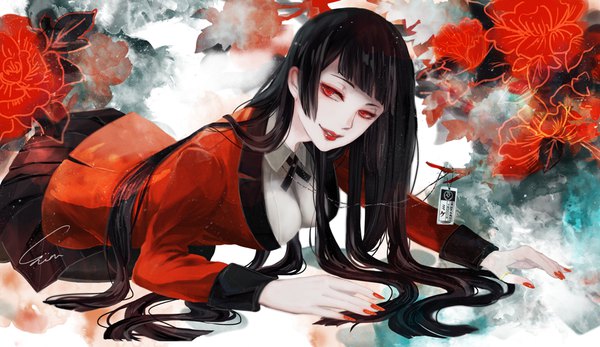 Anime picture 900x521 with kakegurui jabami yumeko ihciuy0211 single long hair fringe black hair red eyes wide image signed payot lying blunt bangs nail polish lipstick on stomach reclining red lipstick red nail polish hime cut