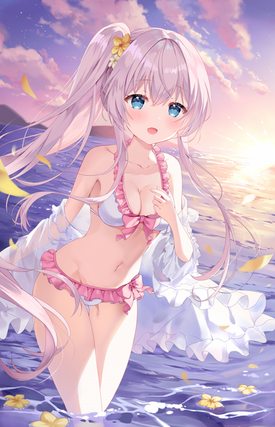 Anime picture 1000x1552 with seirei gensouki celia claire mayo (miyusa) single long hair tall image looking at viewer blush fringe breasts open mouth blue eyes light erotic smile hair between eyes standing payot sky silver hair cloud (clouds)