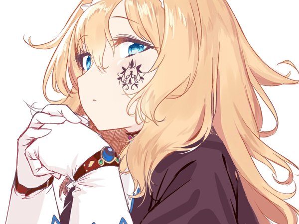 Anime picture 1000x750 with original blew andwhite single long hair looking at viewer fringe blue eyes simple background blonde hair white background ahoge tattoo facial mark serious girl gloves choker elbow gloves bracelet white gloves