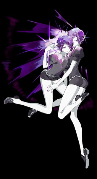 Anime-Bild 500x913 mit houseki no kuni amethyst (houseki no kuni) star shadow magician tall image looking at viewer fringe short hair simple background smile purple eyes purple hair full body nail polish hair over one eye puffy sleeves black background twins androgynous long legs uniform