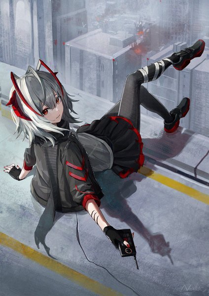 Anime picture 1414x2000 with arknights w (arknights) nekoreito single tall image fringe short hair hair between eyes red eyes sitting silver hair full body nail polish horn (horns) from above shadow girl gloves pantyhose black pantyhose